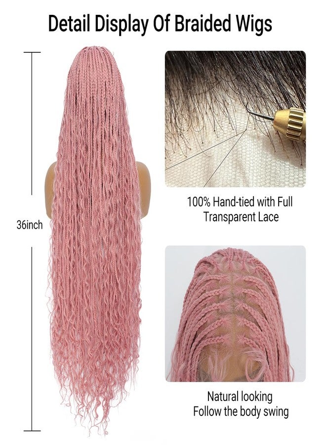 SUPERNOVA #Pink Full Lace Knotless Box Braided Wigs 36 Inch Long Wavy Square Knotless 360 Full Lace Synthetic Hair Boho Braided Wig For Black Women Breathable Cap Hot Pink Box Braids Wig - Image 5